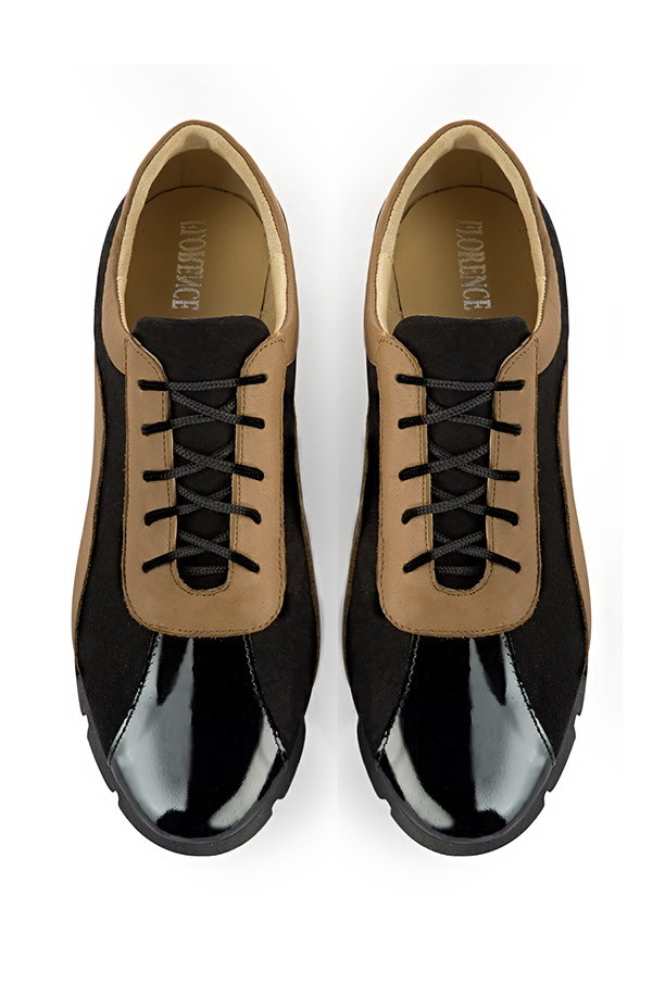 Gloss black and camel beige women's two-tone elegant sneakers. Round toe. Flat rubber soles. Top view - Florence KOOIJMAN